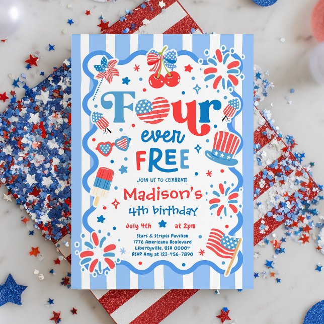 Four Ever Free 4 juli 4-års födelsedagsfest Inbjudningar (Skapare uppladdad)