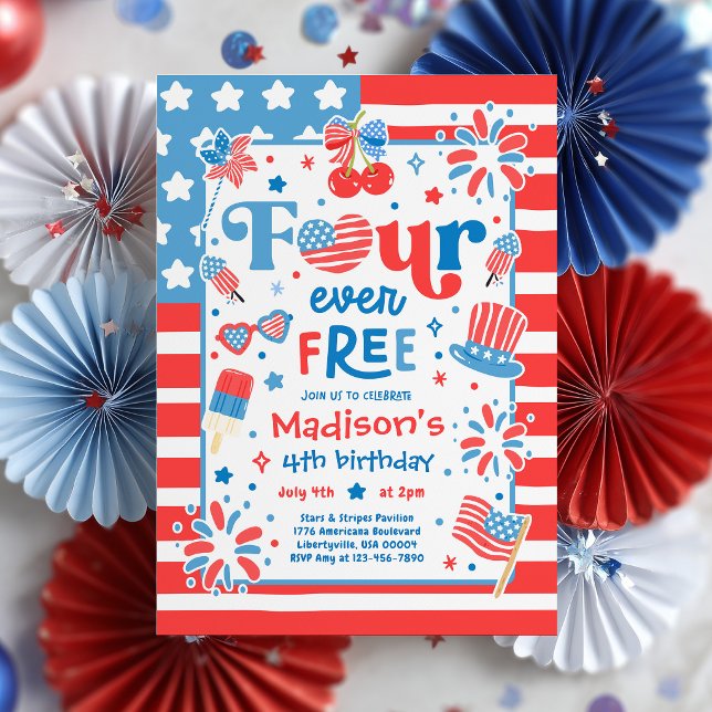 Four Ever Free 4 juli 4-års födelsedagsfest Inbjudningar (Skapare uppladdad)