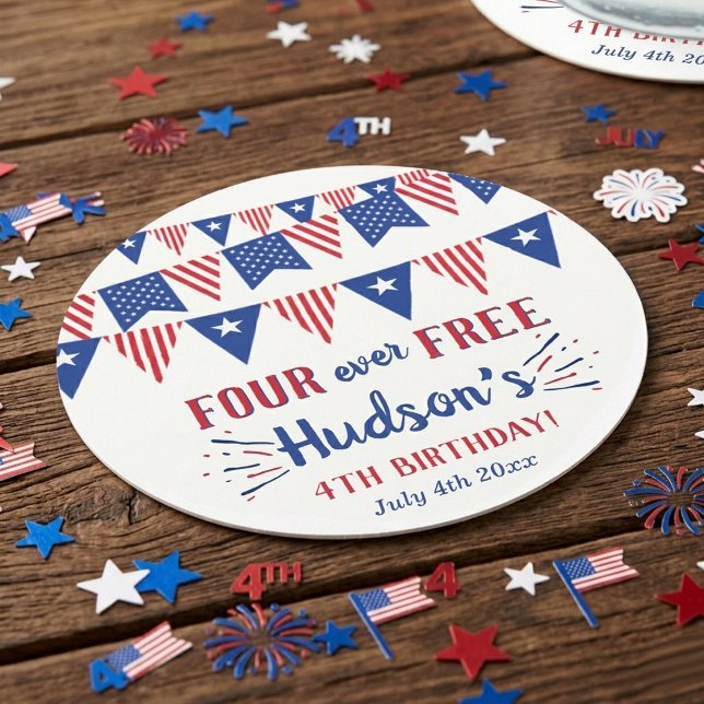 Four Ever Free! 4 juli Födelsedagsfest 4 år Underlägg Papper Rund (Skapare uppladdad)