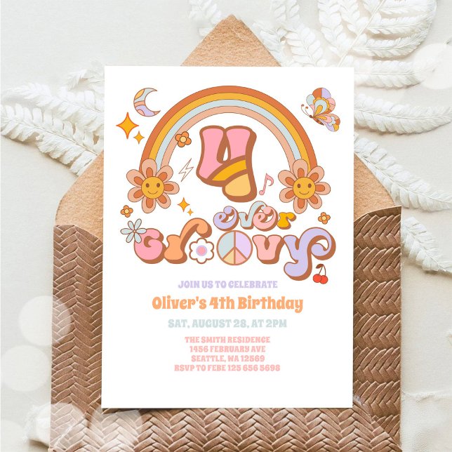 Four Ever Groovy Retro 4th Birthday Invitation Inbjudningar (Skapare uppladdad)
