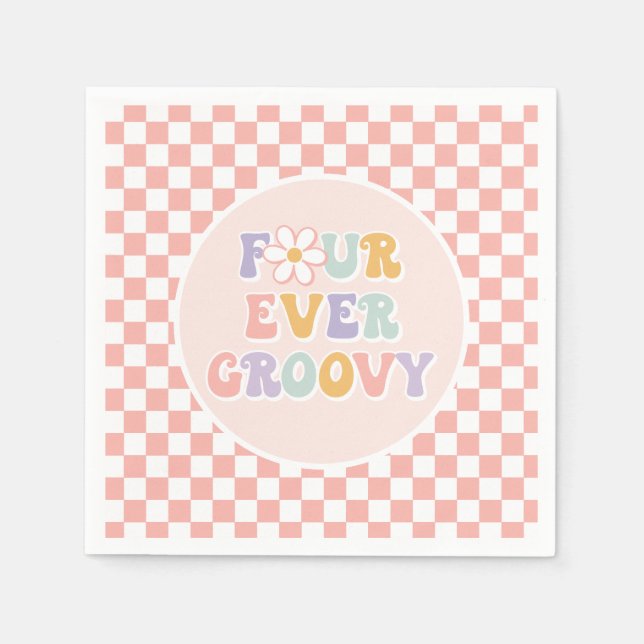 Four Ever Groovy Rosa Daisy Checker Pappersservett (Framsidan)