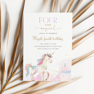 Four Ever Magical Pastel Unicorn 4th Birthday Inbjudningar