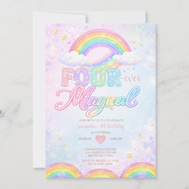 FOUR EVER Magical Rainbow 4th birthday invitation Inbjudningar (Framsida)