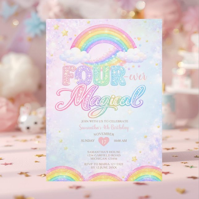 FOUR EVER Magical Rainbow 4th birthday invitation Inbjudningar (Skapare uppladdad)