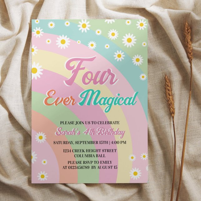 Four Ever Magical Retro Unicorn Rainbow Inbjudningar (Skapare uppladdad)