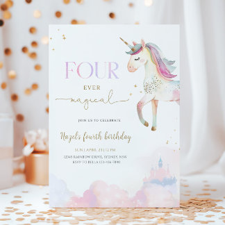 Four Ever Magical Unicorn 4th Birthday Party Inbjudningar