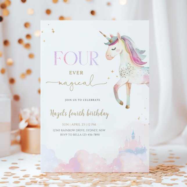Four Ever Magical Unicorn 4th Birthday Party Inbjudningar (Skapare uppladdad)