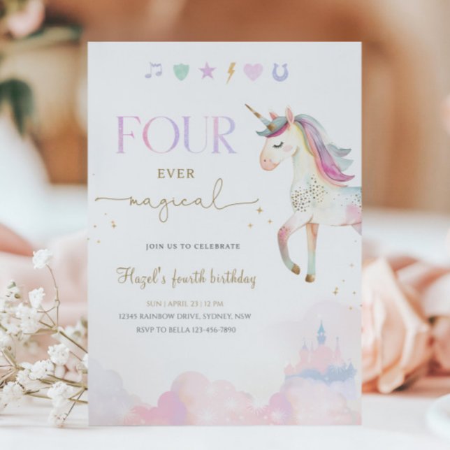Four Ever Magical Unicorn 4th Birthday Party Inbjudningar (Skapare uppladdad)