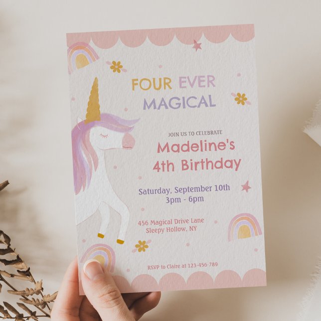 Four Ever Magical Unicorn Pink Girl Birthday Inbjudningar (Skapare uppladdad)