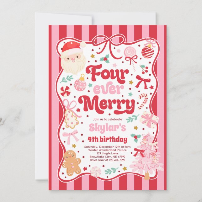 Four Ever Merry Christmas Bow 4th Birthday Inbjudningar (Framsida)