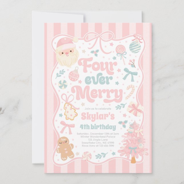 Four Ever Merry Christmas Bow 4th Birthday Inbjudningar (Framsida)
