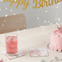 Four Ever Pink Princess Castle Birthday coaster  Underlägg Papper Kvadrat