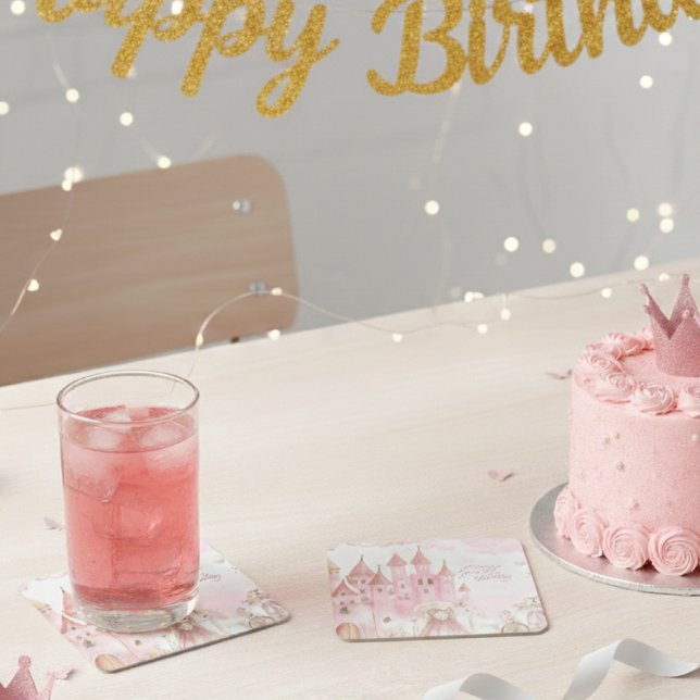 Four Ever Pink Princess Castle Birthday coaster  Underlägg Papper Kvadrat (Skapare uppladdad)