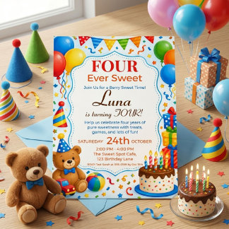 Four Ever Sweet 4-års födelsedagsfest Söt teddybjö Inbjudningar