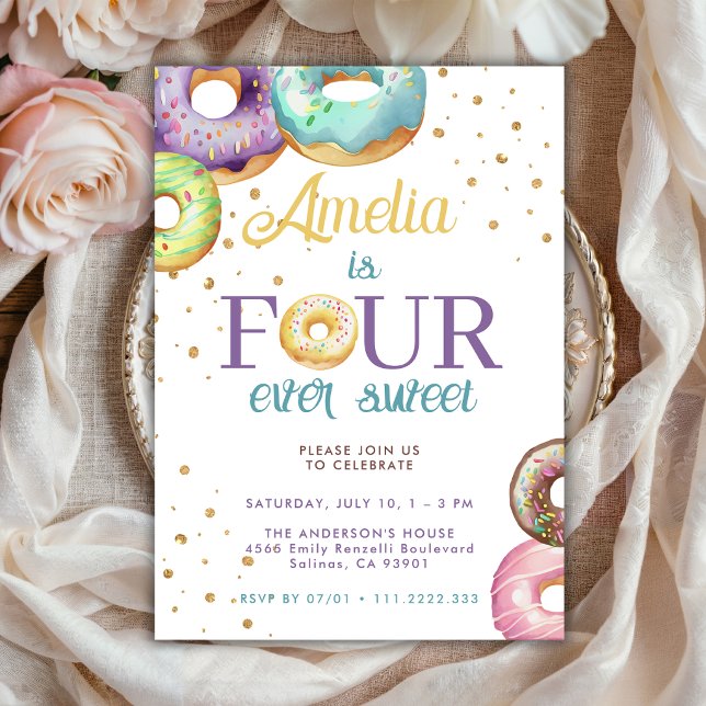 Four Ever Sweet Donut Guldströssel 4-års födelseda Inbjudningar (Skapare uppladdad)