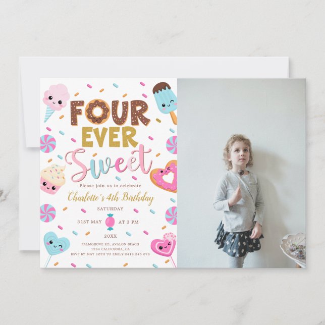 Four Ever Sweet Foto Födelsedagsdonut 4-årsdag  Inbjudningar (Framsida)