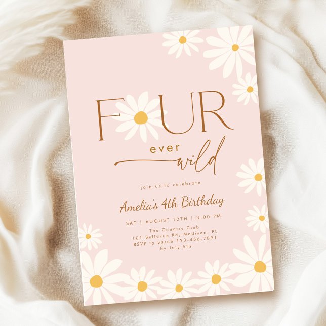 FOUR ever Wild Daisy Floral 4th Birthday Inbjudningar (Skapare uppladdad)
