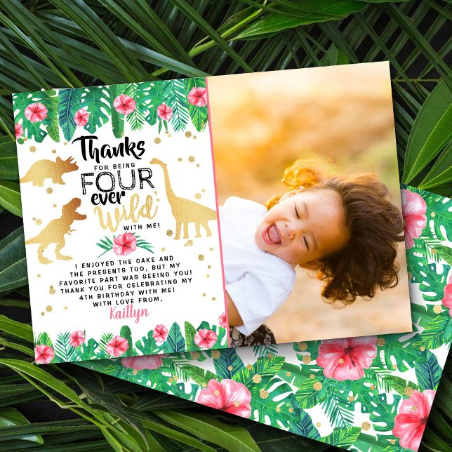Four Ever Wild Girls Dinosaur 4-års födelsedagsfot Tack Kort (Skapare uppladdad)