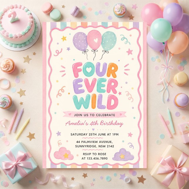 Four Ever Wild Konfettiballong 4-årsdag Inbjudningar (Skapare uppladdad)