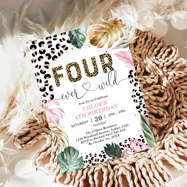 Four Ever Wild Leopard Girl 4-årsdag Inbjudningar (Skapare uppladdad)