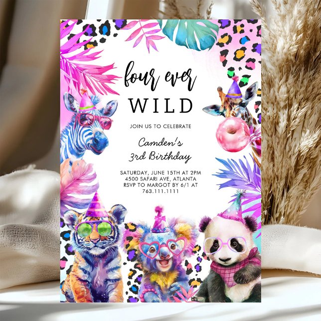 Four Ever Wild Safari Djur 4-års födelsedag  Inbjudningar (Skapare uppladdad)