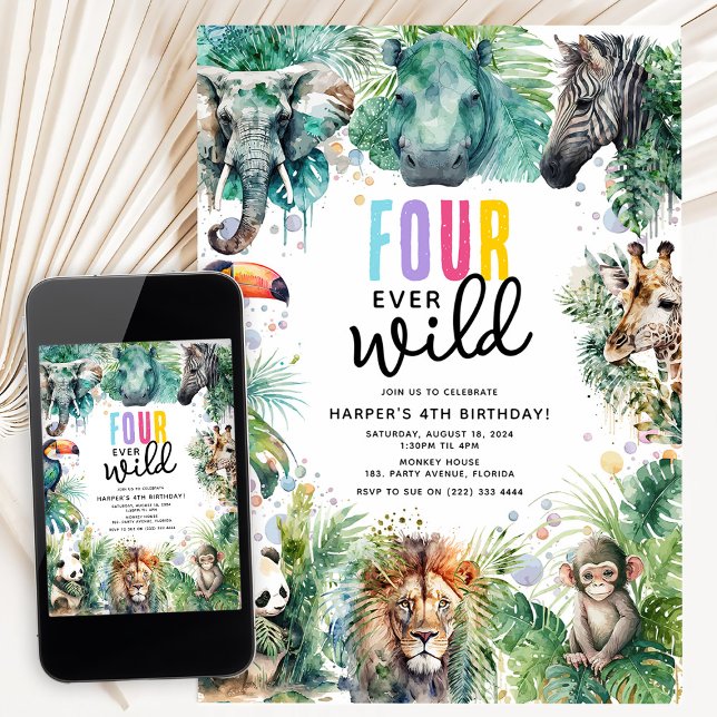 Four Ever Wild Safari Djur Coola 4-års Födelsedags Inbjudningar (Skapare uppladdad)