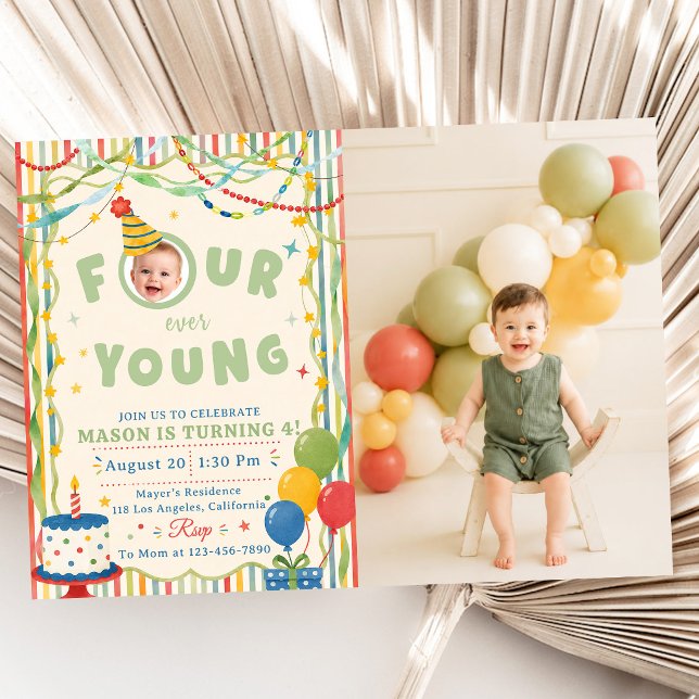 Four Ever Young 4-års födelsedagsfoto Inbjudningar (Skapare uppladdad)