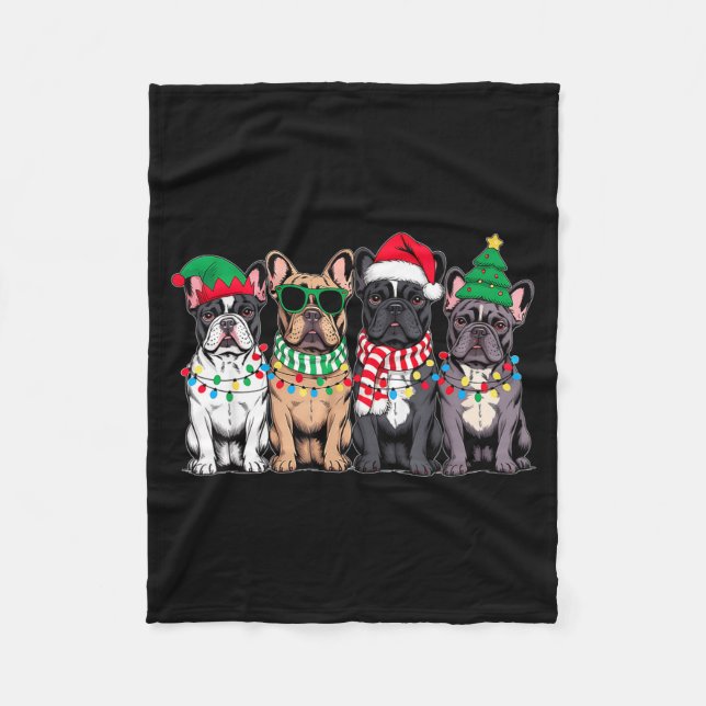 Four French Bulldog Dogs Christmas Funny Santa Rei Fleecefilt (Framsidan)
