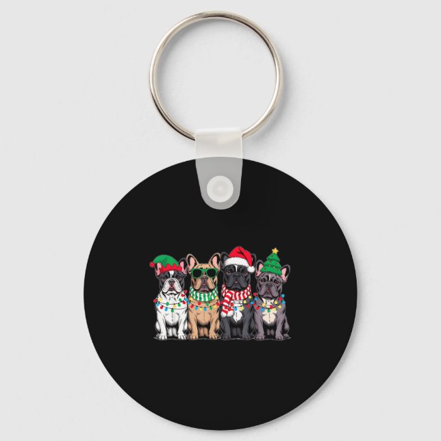 Four French Bulldog Dogs Christmas Funny Santa Rei Nyckelring (Framsida)