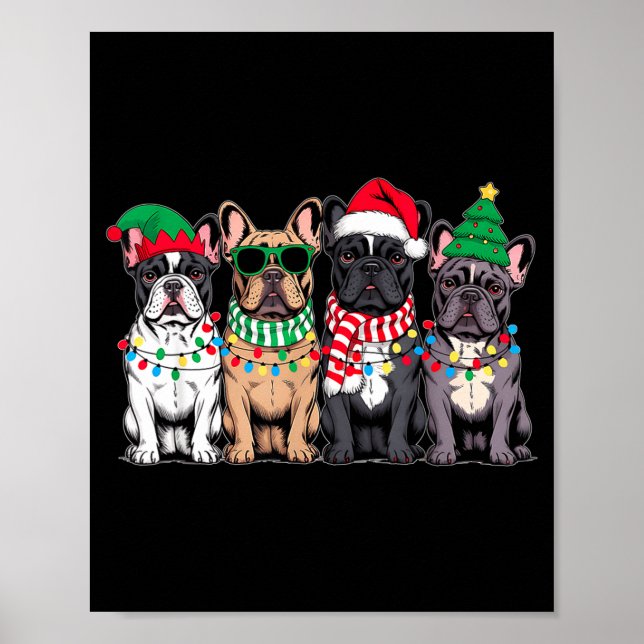 Four French Bulldog Dogs Christmas Funny Santa Rei Poster (Framsidan)