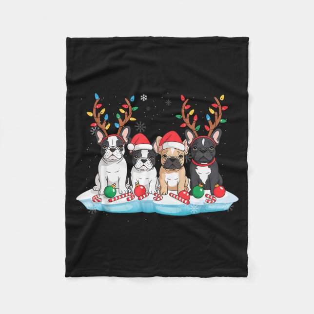 Four French Bulldog Dogs Christmas Light Reindeer  Fleecefilt (Framsidan)
