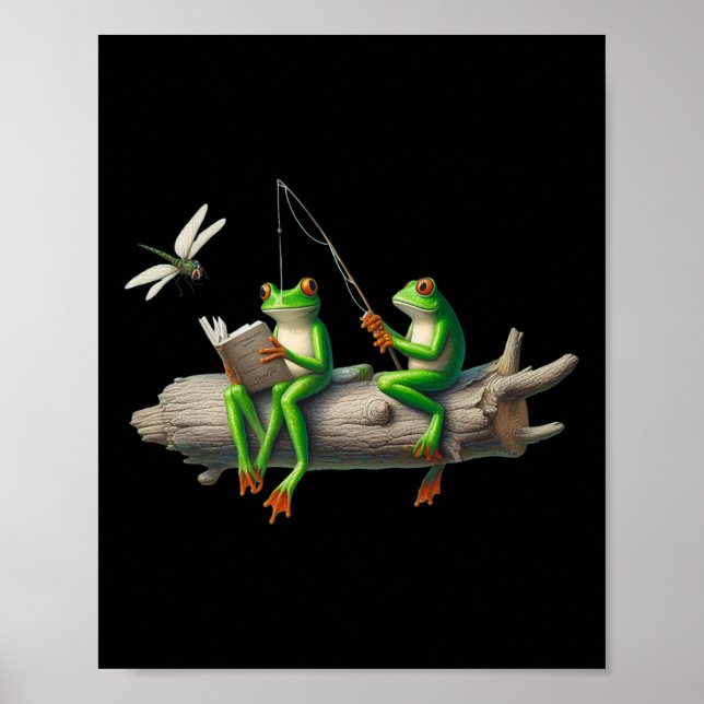 Four Legs Frog On A Log Frog Fishing Dragonfly Rea Poster (Framsidan)