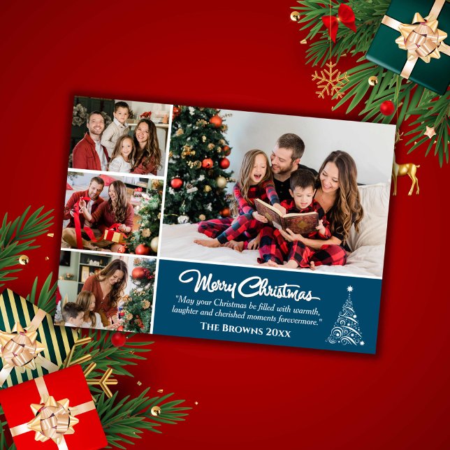 Four photo collage modern cute blue Christmas  Julkort (Front )