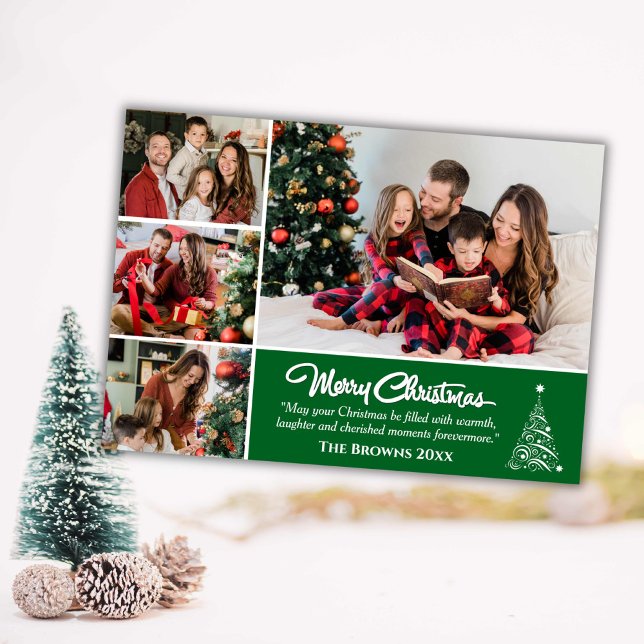 Four photo collage modern cute green Christmas  Julkort (Front )