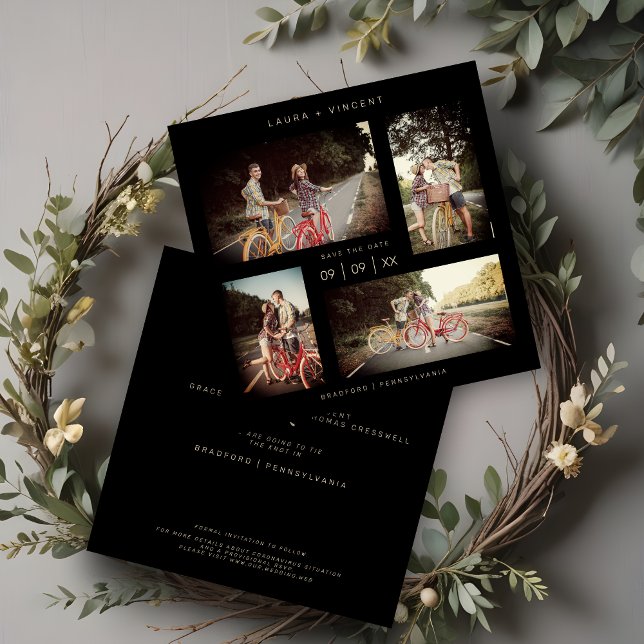 Four Photos Minimalist Modern Collage Wedding Spara Datumet (Stylish Four Photos Minimalist Modern Collage Wedding Save the Date Card.)