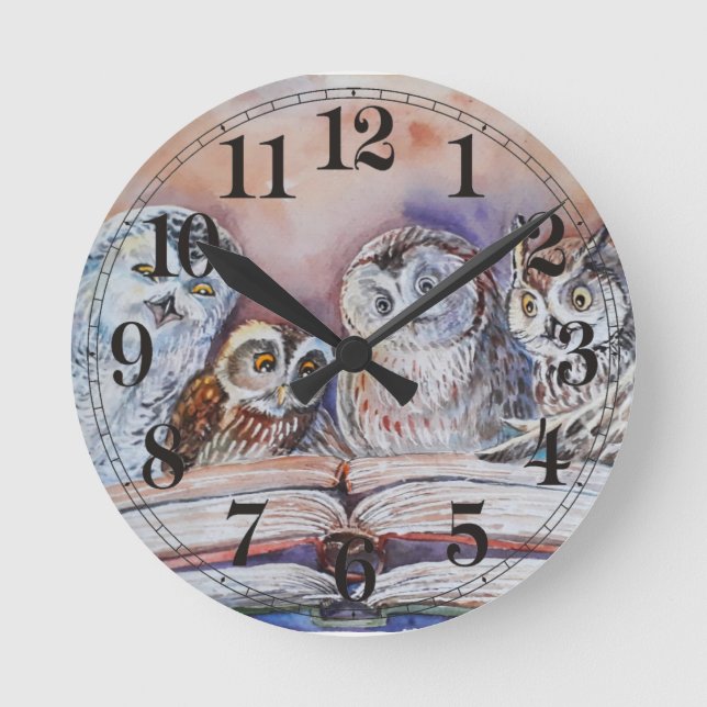 Four reading owls rund klocka (Framsida)