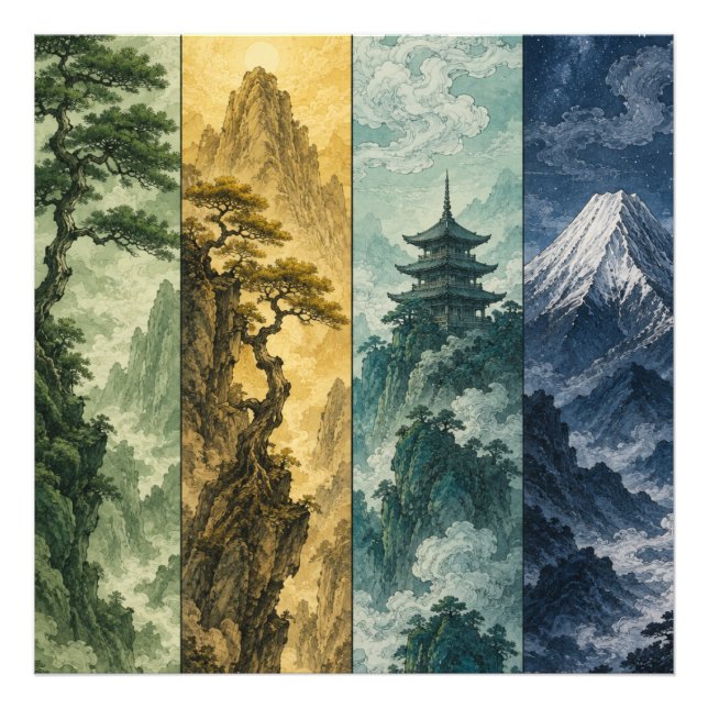 Four Seasons Mountain | Japanskt bläcklandskap Fototryck (Framsidan)