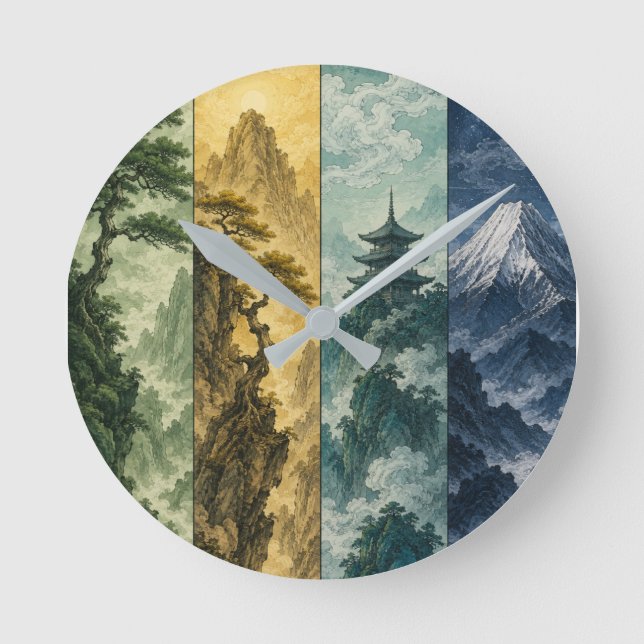 Four Seasons Mountain | Japanskt bläcklandskap Rund Klocka (Framsida)