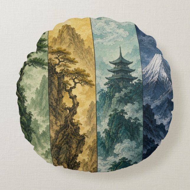 Four Seasons Mountain | Japanskt bläcklandskap Rund Kudde (Framsidan)