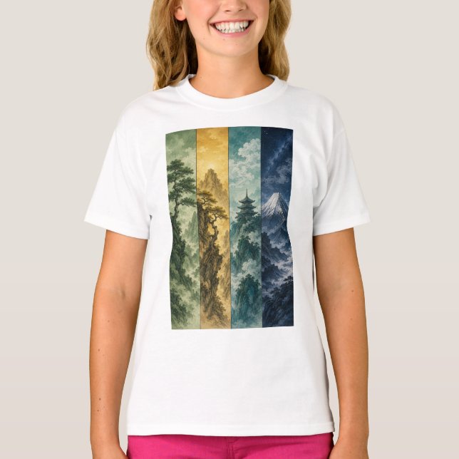 Four Seasons Mountain | Japanskt bläcklandskap T Shirt (Framsida)