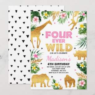Fourever Vild 4e födelsedagen Party Safari Animals Inbjudningar