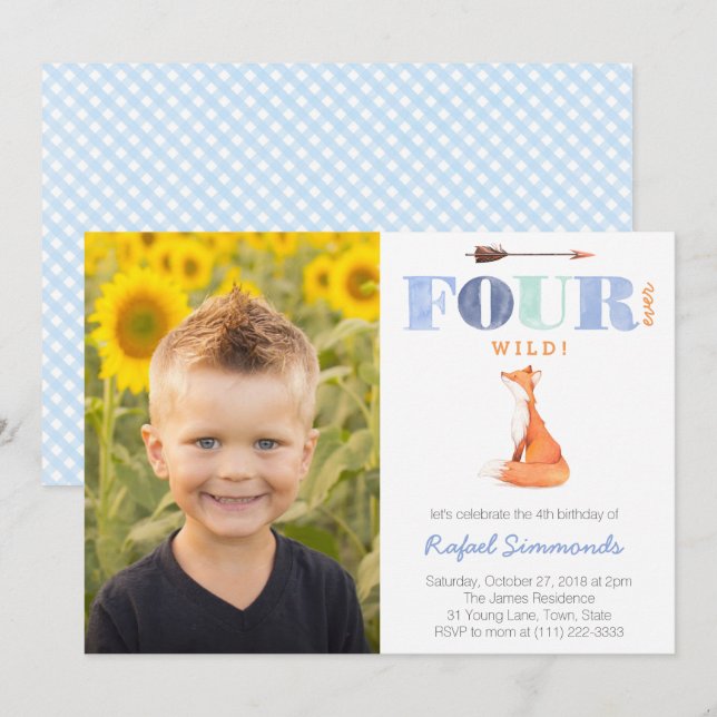 Fourever Vild eller Fourest 4e födelsedagen party  Inbjudningar (Fram/baksida)