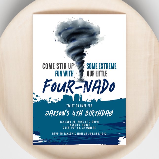 Fournado Twister Tornado Blue Grunge Birthday Inbjudningar (Fournado Twister Tornado Blue Grunge Birthday Invitation)