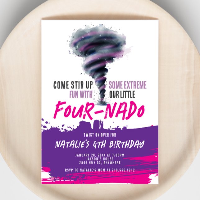 Fournado Twister Tornado Rosa Lila Birthday Inbjudningar (Fournado Twister Tornado Pink Purple Birthday Invitation)