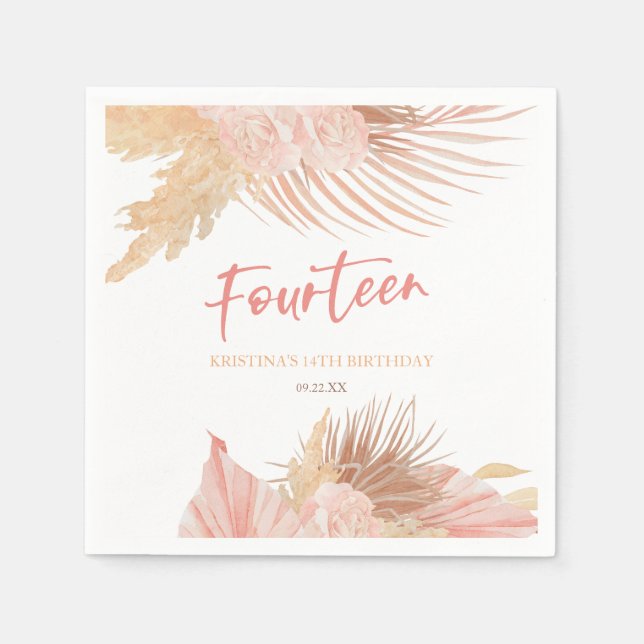 Fourteen Boho Pink Floral 14th Birthday Party Pappersservett (Framsidan)