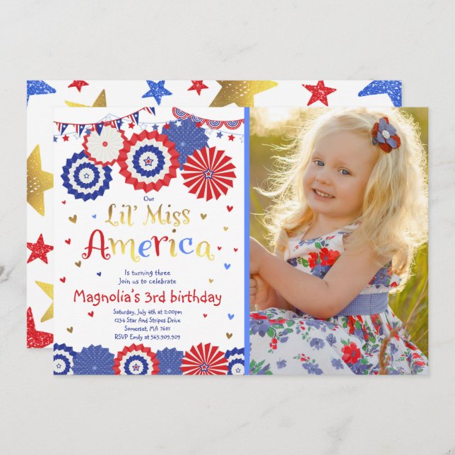 Fourth för Juli 4e födelsedageninbjudan av det Inbjudningar (Fram/baksida)