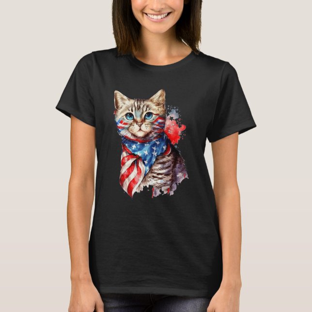 Fourth of July Cat American Flag America Patriotic T Shirt (Framsida)