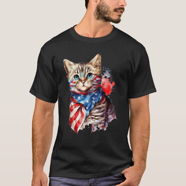 Fourth of July Cat American Flag America Patriotic T Shirt (Framsida)