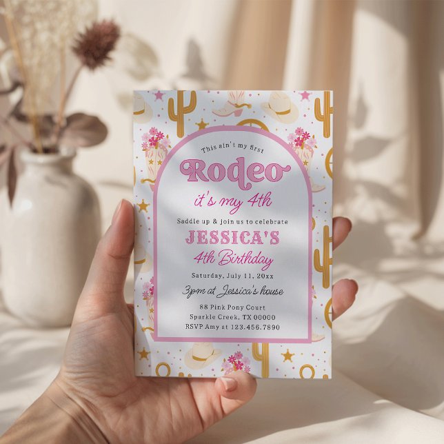 Fourth Rodeo Pink Cowgirl 4th Birthday Inbjudningar (Skapare uppladdad)
