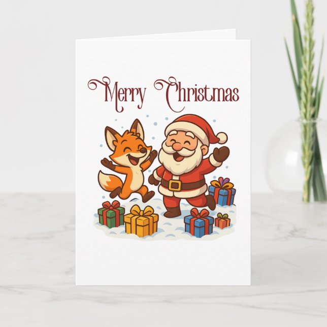 Fox and Santa Christmas Folded Greeting Card Kort (Framsida)